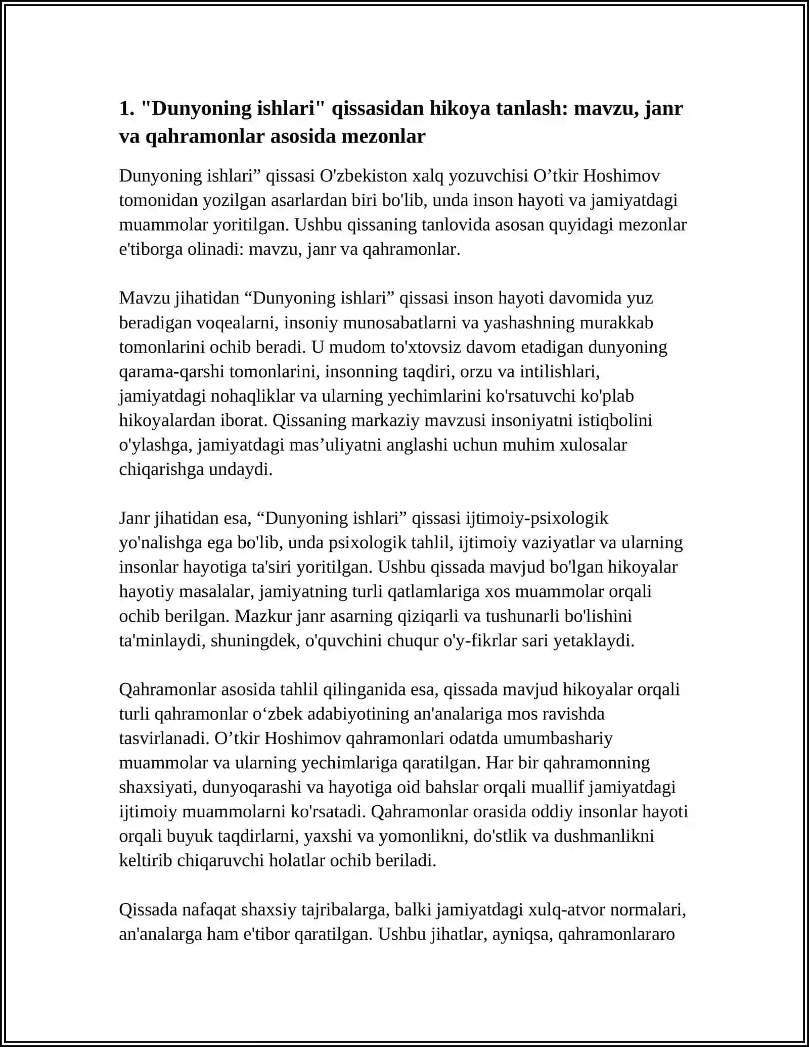 O’ZBEK TILI USLUBIYATI: O’TKIR HOSHIMOVNING DUNYONING ISHLARI QISSASI TARKIBIDAN HIKOYA TANLAB OLISH 4