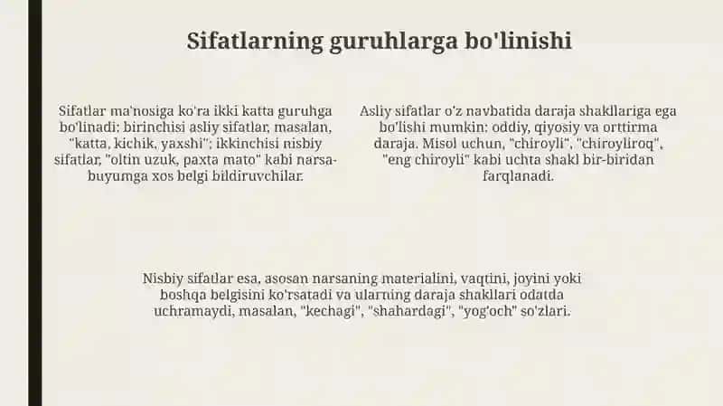 Sifatlarning grammatik kategoriyalari, guruhlarga bo'linishi, rod qo'shimchalari, negizini aniqlash 4