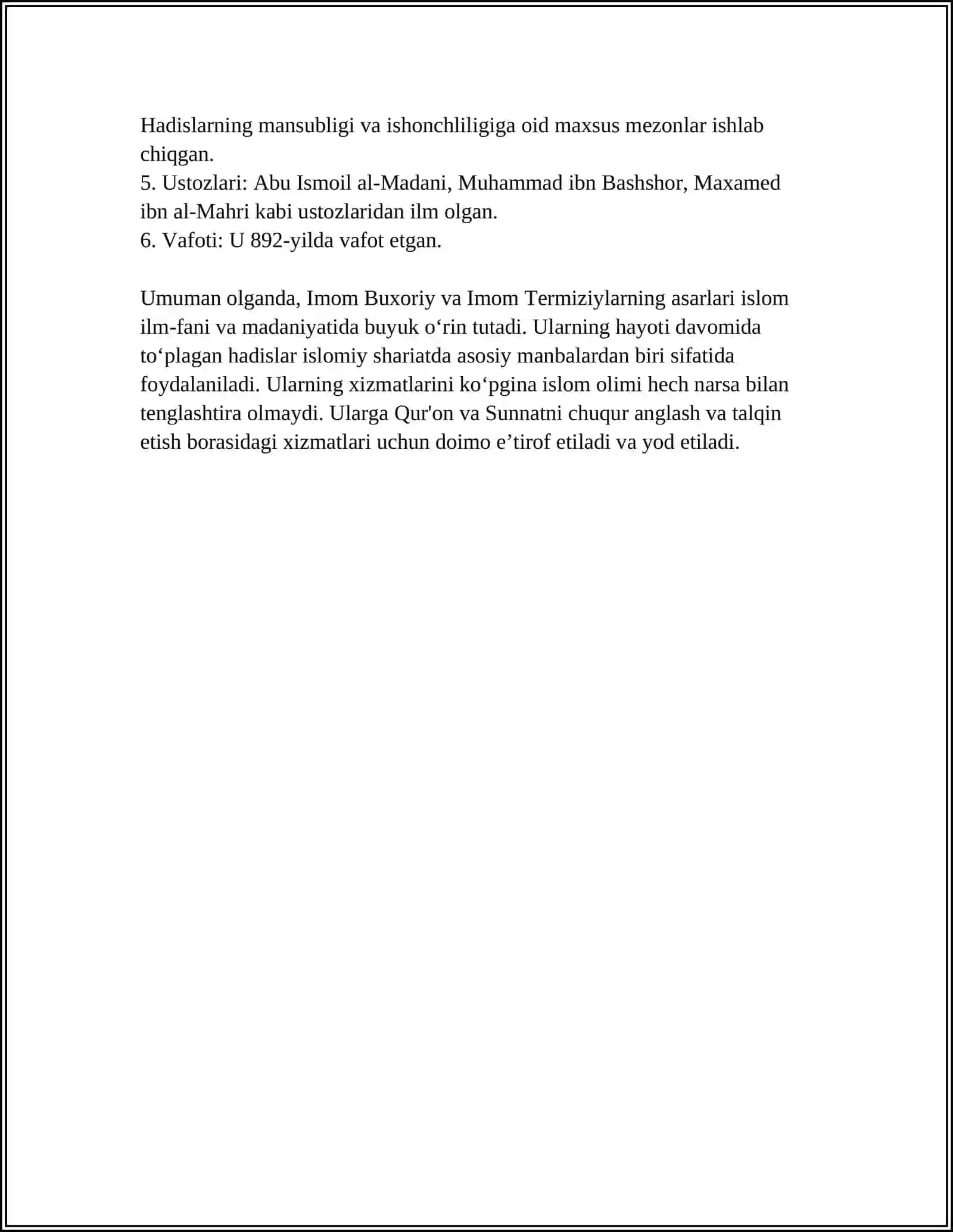 IMOM BUXORIY VA IMOM TERMIZIYNING HADIS ILMIGA QOʻSHGAN HISSALARINI QIYOSIY TAHLILI HAQIDA PREZINTATSIYA TAYYORLASH 4