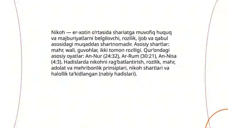 Islom huquqshunosligida oila, nikoh,taloq, idda, zihor tushunchalarini ta'riflashva taqdimot tayyorlash 4