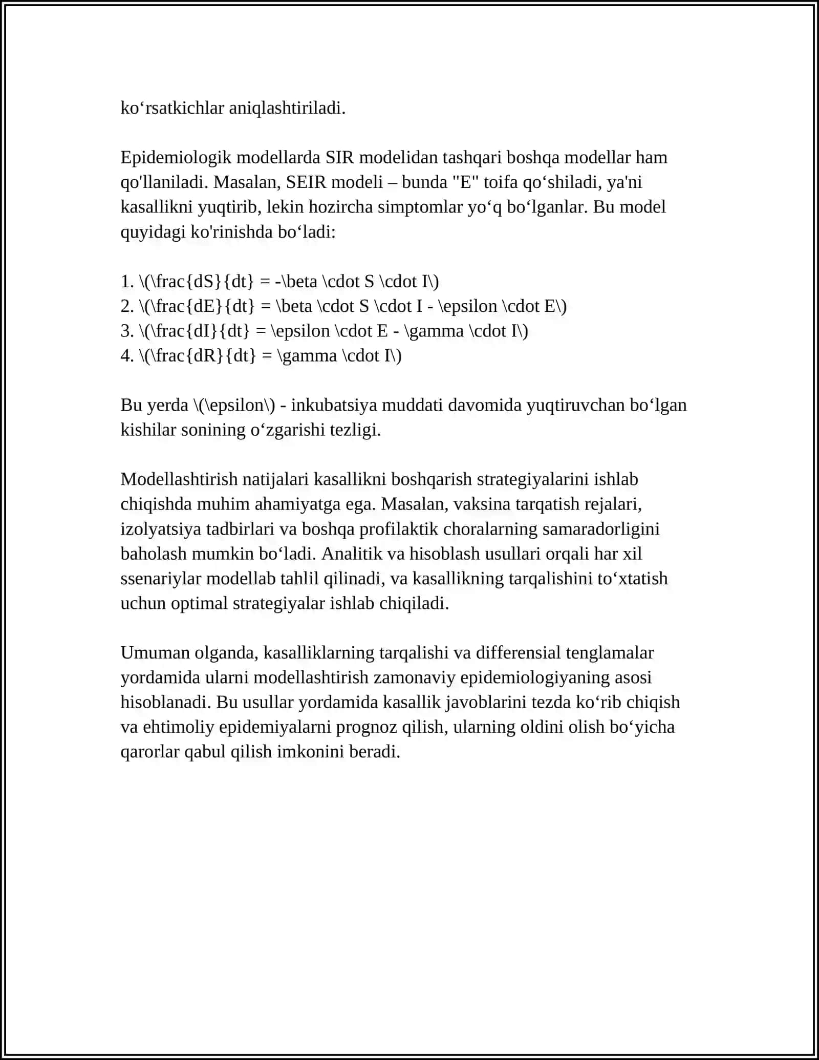 TIBBIYOT BIOLOGIK MAZMUNDAGHI DIFFERENSIAL TENGLAMALARNI TUZISH VA YECHISH 4