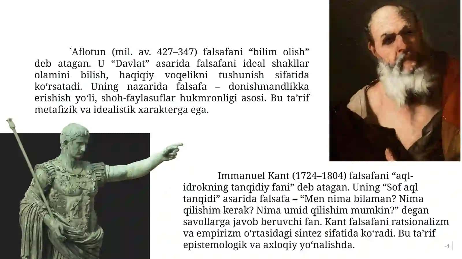 Falsafaning mohiyatiga oid Sharq va G'arb mutafakkirlari ta'riflarini tasniflash. 4