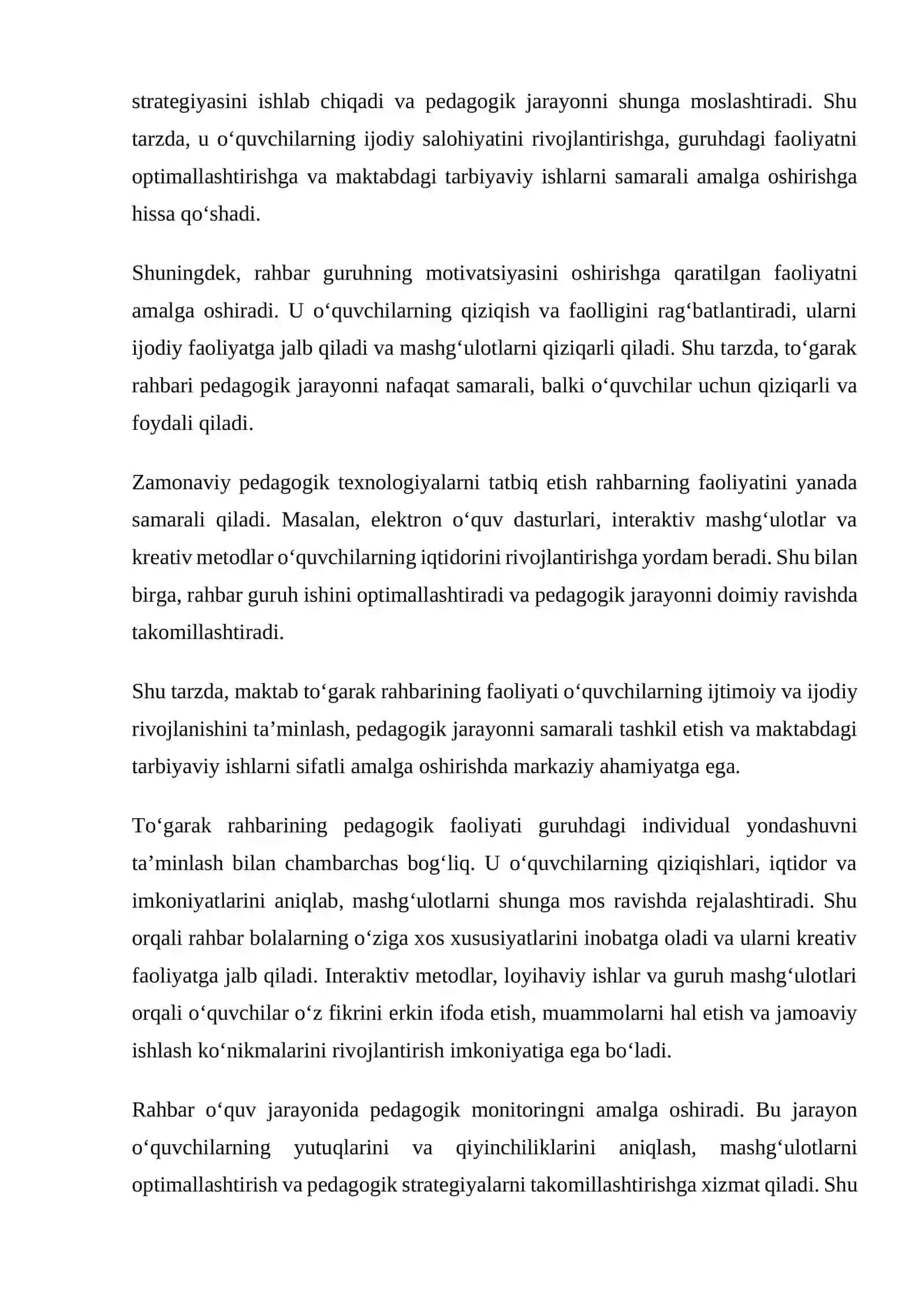 Maktab to‘garak rahbarining pedagogik faoliyati va o‘quvchilarning ijtimoiy va ijodiy rivojlanishi 4