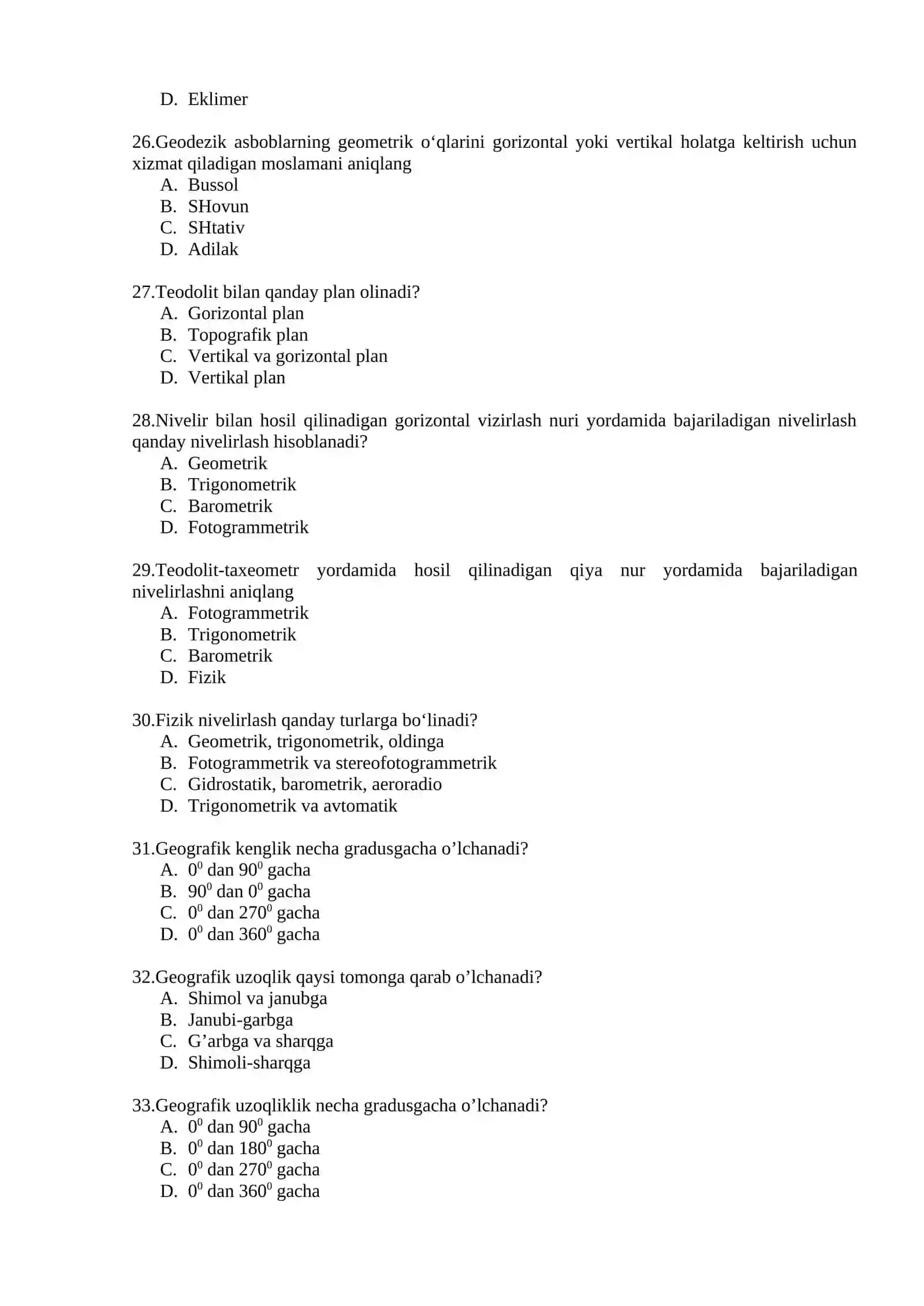 Topografiya, kartografiya va GIS fanidan test savollari 4