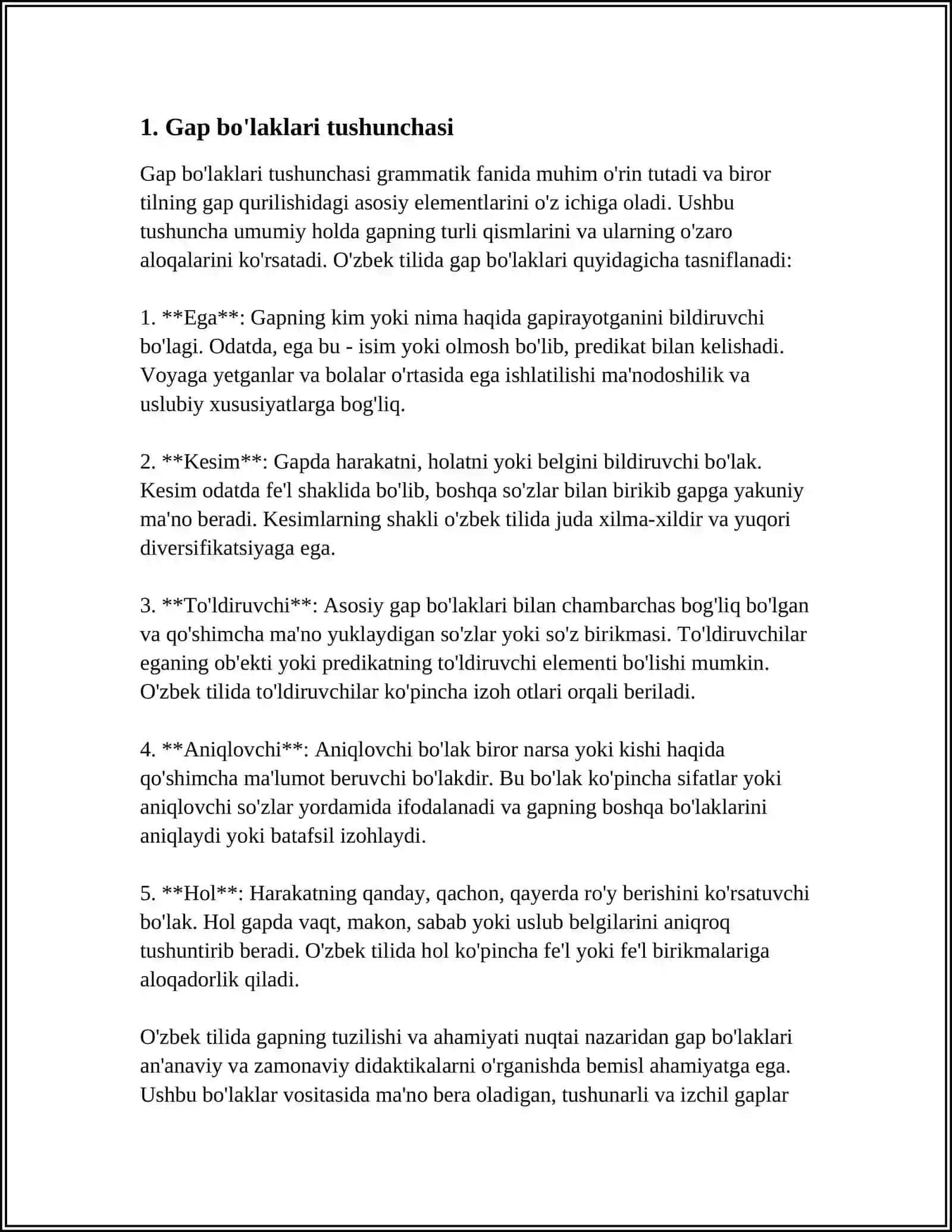 GAP BO'LAKLARI.SO'Z KENGAYTIRUVCHILARI.GAP KENGAYTIRUVCHILARI.KESIM VA UNING O'ZBEK TILSHUNOSLIGIDAGI TALQINI.KESIM VA PREDIKATSIYA 4