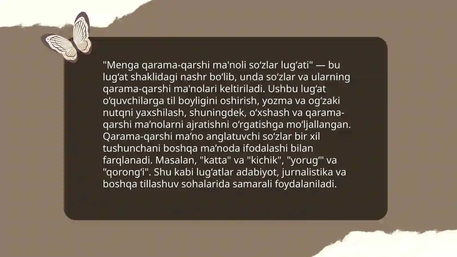 Menga antonim soʻzlar lugʻati kerak 4