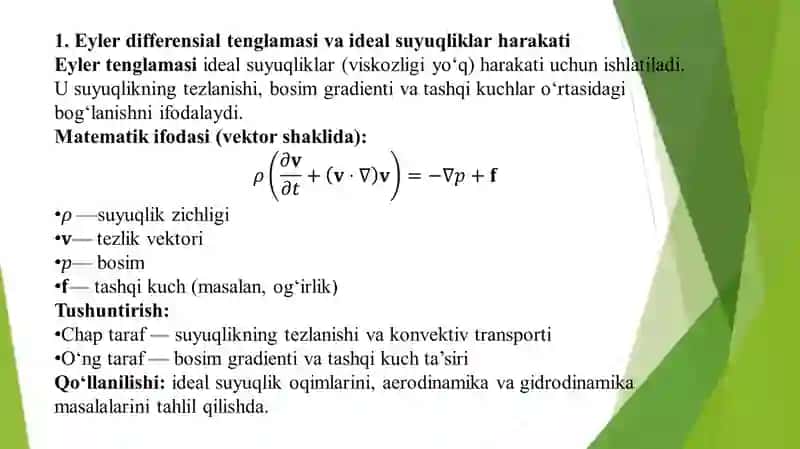 Eyler va Navier-Stokes differensial tenglamalari hamda Bernulli tenglamasi va suyuqliklarning teshiklar orqali oqib ketishi 4