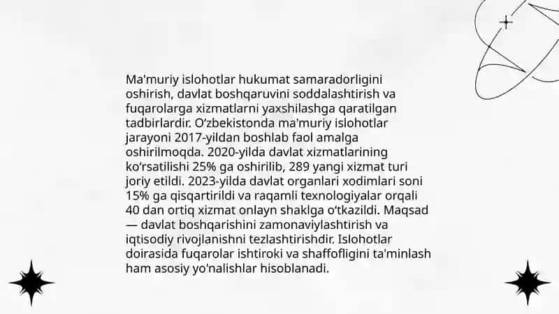 O'zbekiston Prezidenti Shavkat Mirziyoyev raxbarligi va tashabbusi ostida amalga oshirilayotgan islohotlar 4