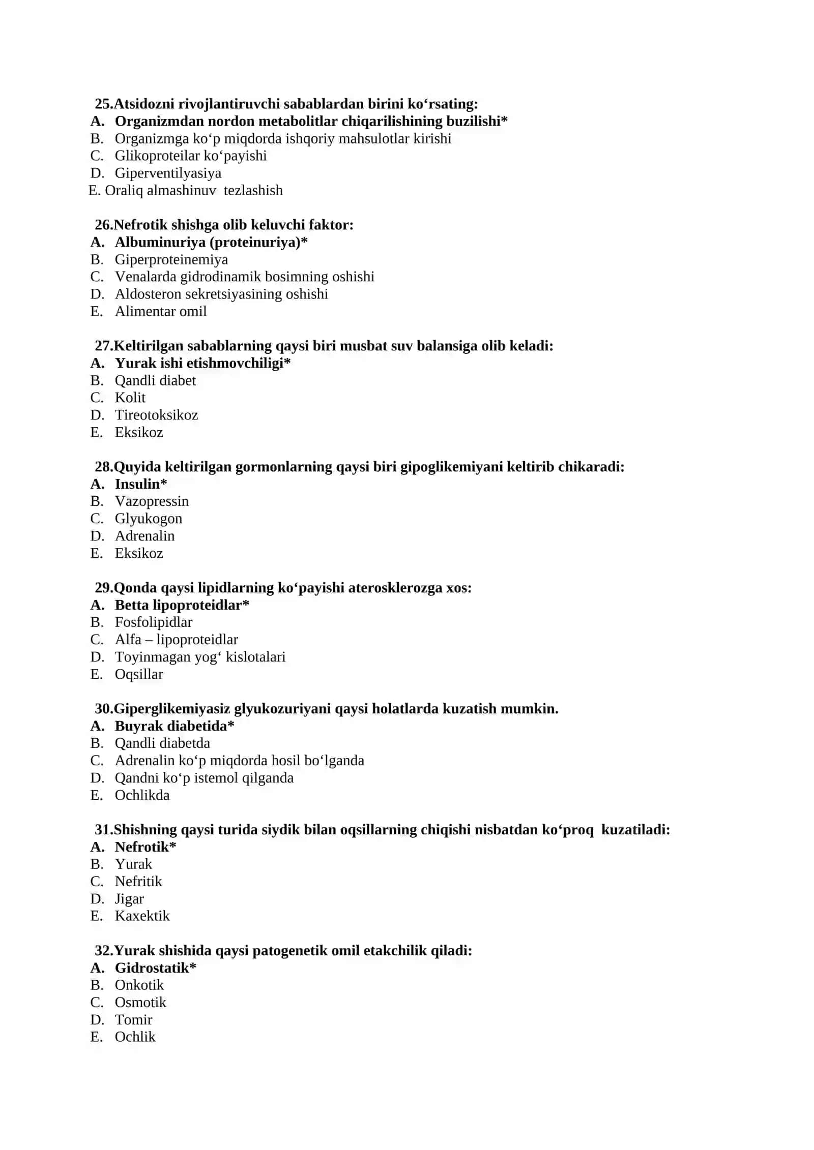 Patologik fiziologiya fanidan test savollari javobi 4