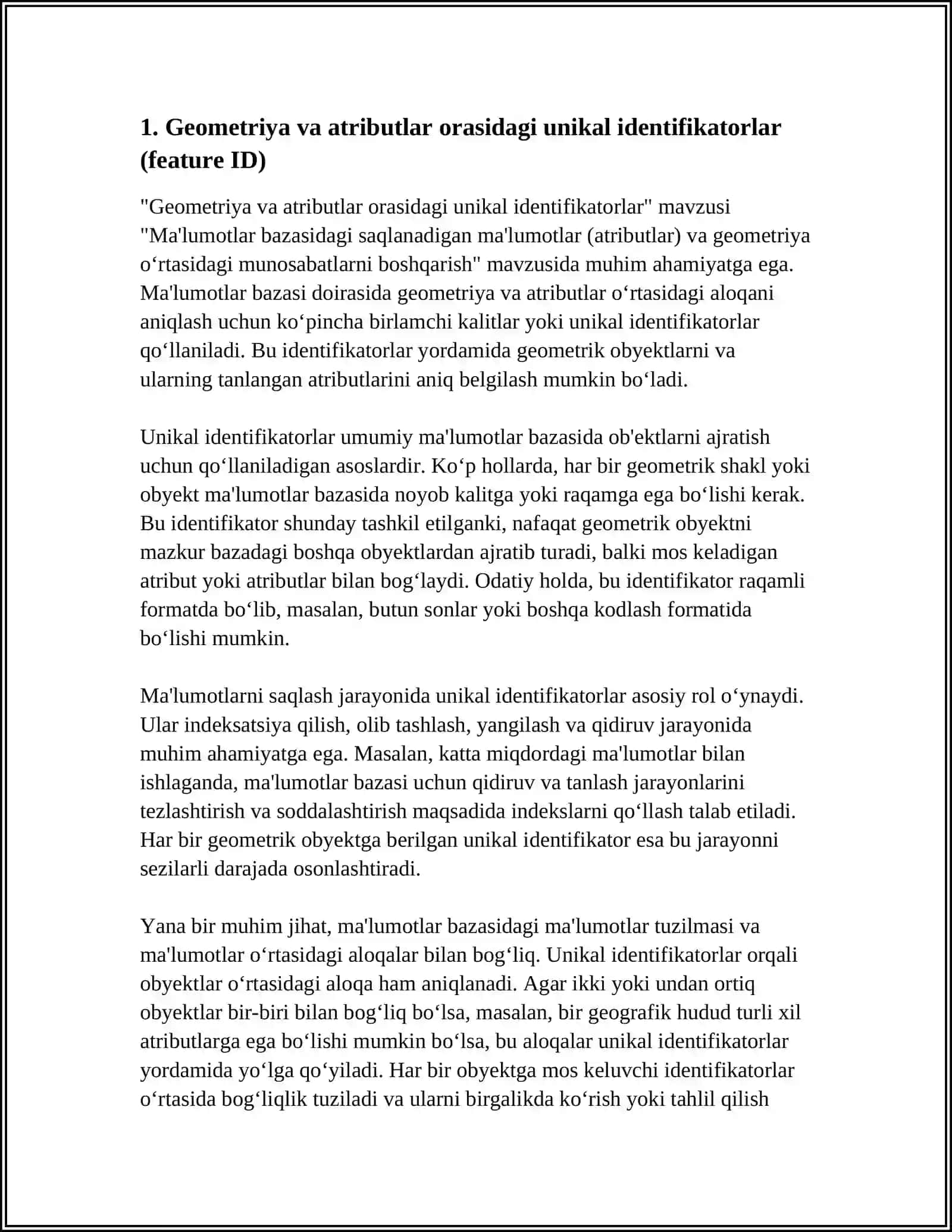 MA'LUMOTLAR BAZASIDAGI SAQLANADIGAN MA'LUMOTLAR (ATTRIBUTLAR)VA GEOMETRIYA OʻRTASIDAGI MUNOSABATLARNI BOSHQARISH 4