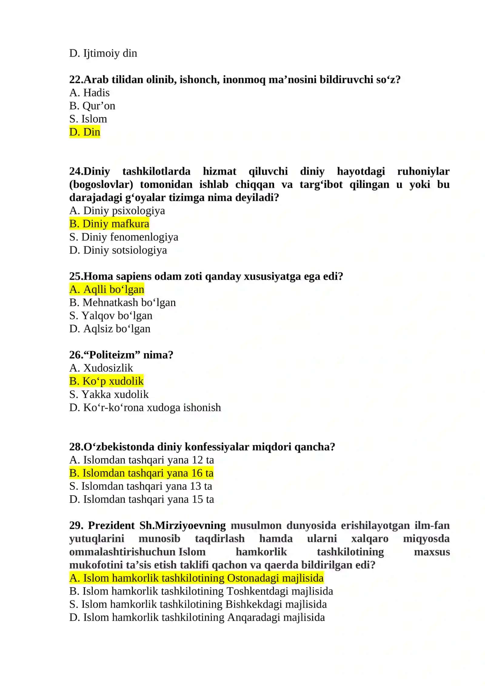 Dinshunoslik fanidan YN uchun testlar 4