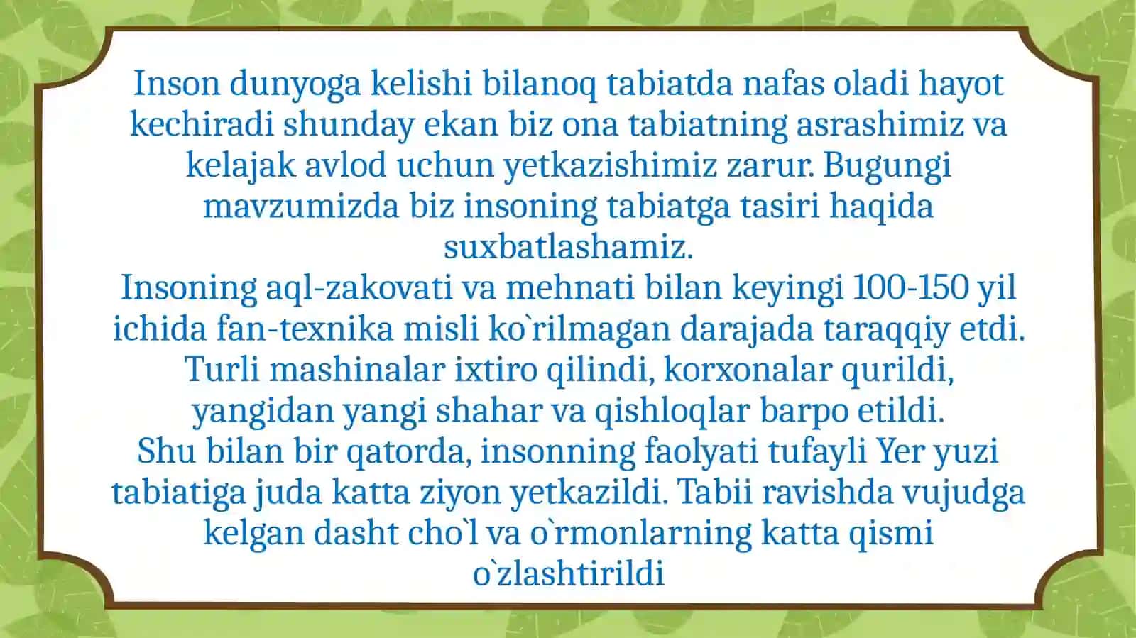 To`raqo`rg`ontumanidagi 22-maktab o`qituvchisi Qahharova Mavludaning Tabiat shunoslik fanida taqdimoti 4