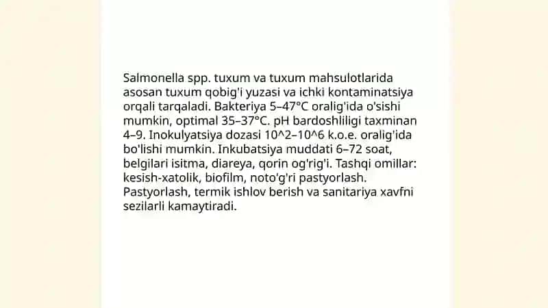 Oziq-ovqat sanoatida (tuxum mahsulotlari ishlab chiqarishda mikroorganizmlarning oʻrni) 4
