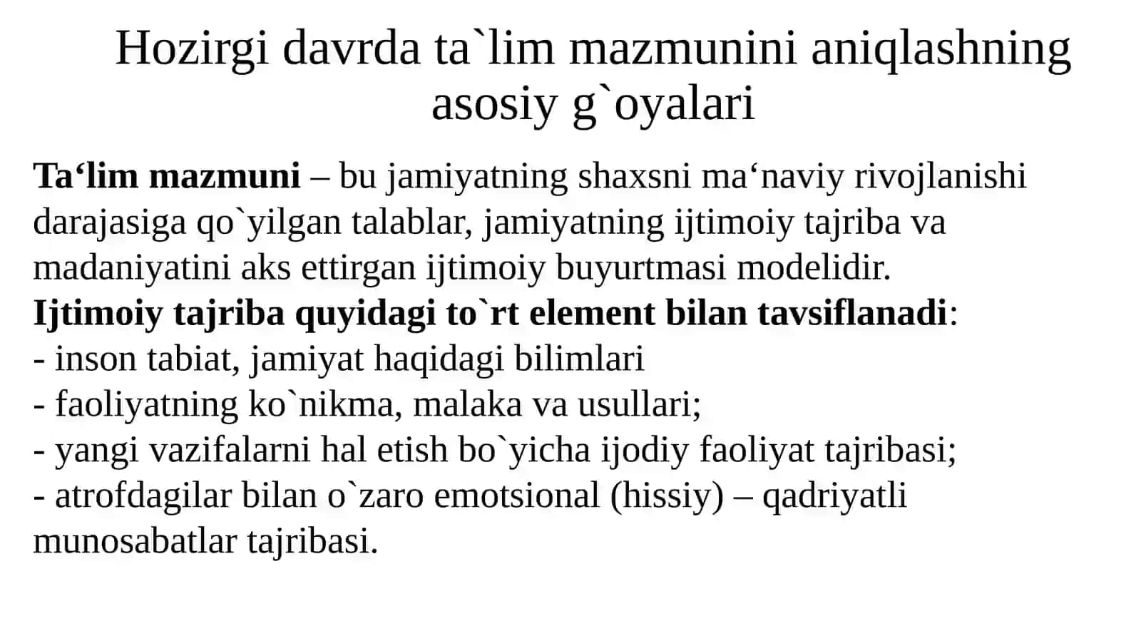 TAʼLIM MAZMUNI. DAVLAT TAʼLIM STANDARTI 4