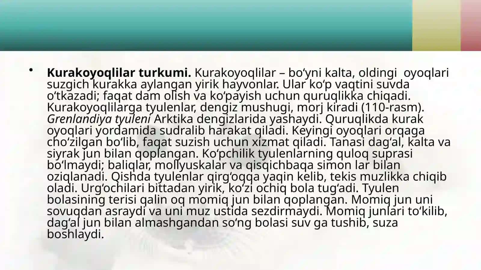 7-sinf Zoologiya 'Dengiz sutemizuvchilari kurakoyoqlilar va kitsimonlar turkumlari' ko'rgazma 4