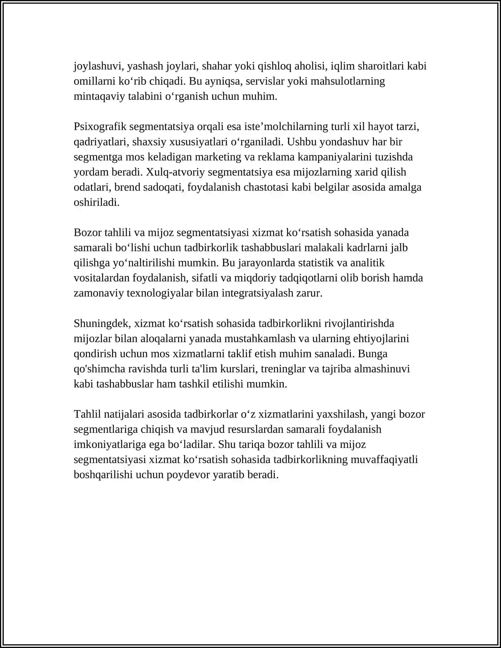 Bozor tahlili va mijoz segmentatsiyasi xizmat ko‘rsatish sohasida tadbirkorlik 4