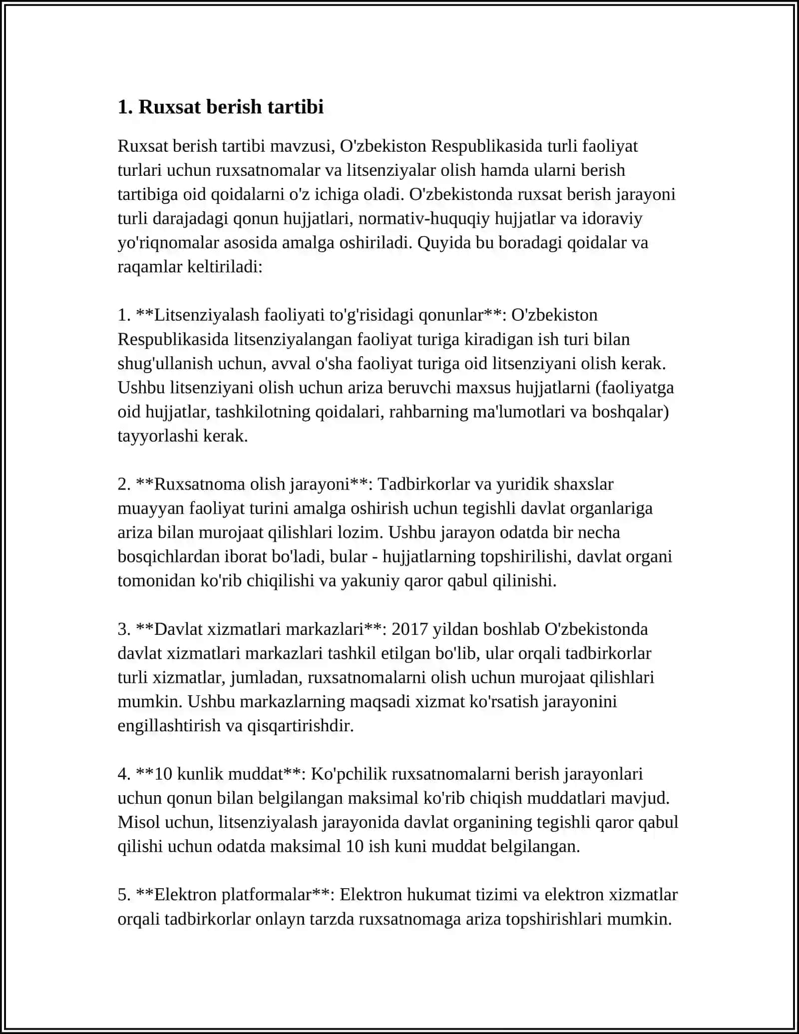 BIZNES FAOLIYATI SOHASIDAGI RUXSAT BERISH, LITSENZIYALASH VA MUVOFIQLIKNI BAHOLASH 4