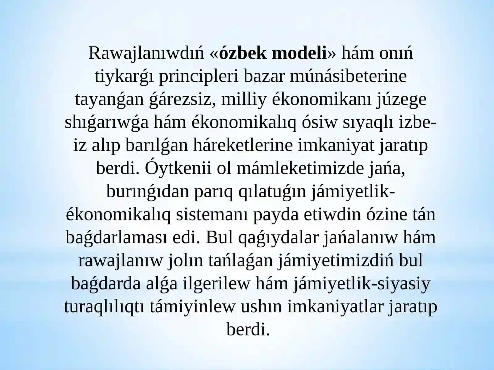 Ékonomikalıq reformalar, jeke menshiktiń qáliplesiwi. Ózbekstanda bazar múnásibetleriniń rawajlanıwı 4