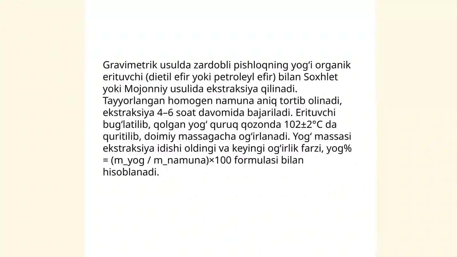 Zardobli pishloq - Yog 'miqdorini aniqlash - Gravimetrik usul 4