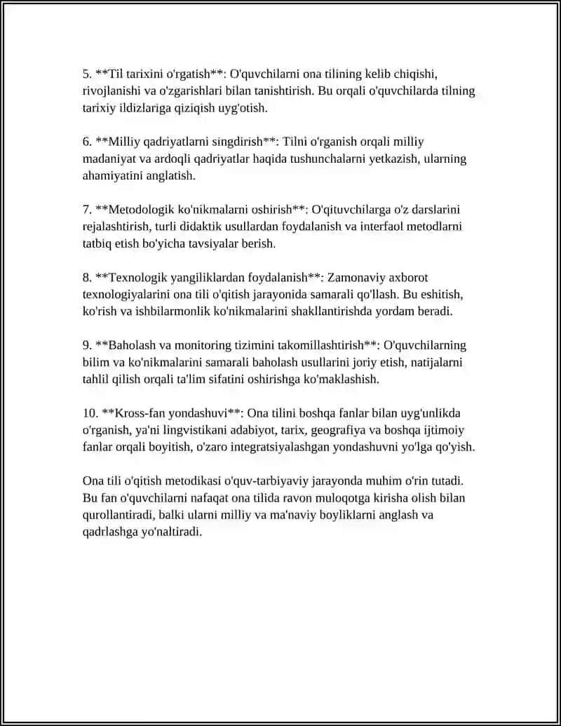 ONA TILI O'QITISH METODIKASI FANINING MAQSAD VA VAZIFALARI, BOSHQA FANLAR BILAN ALOQASI 4