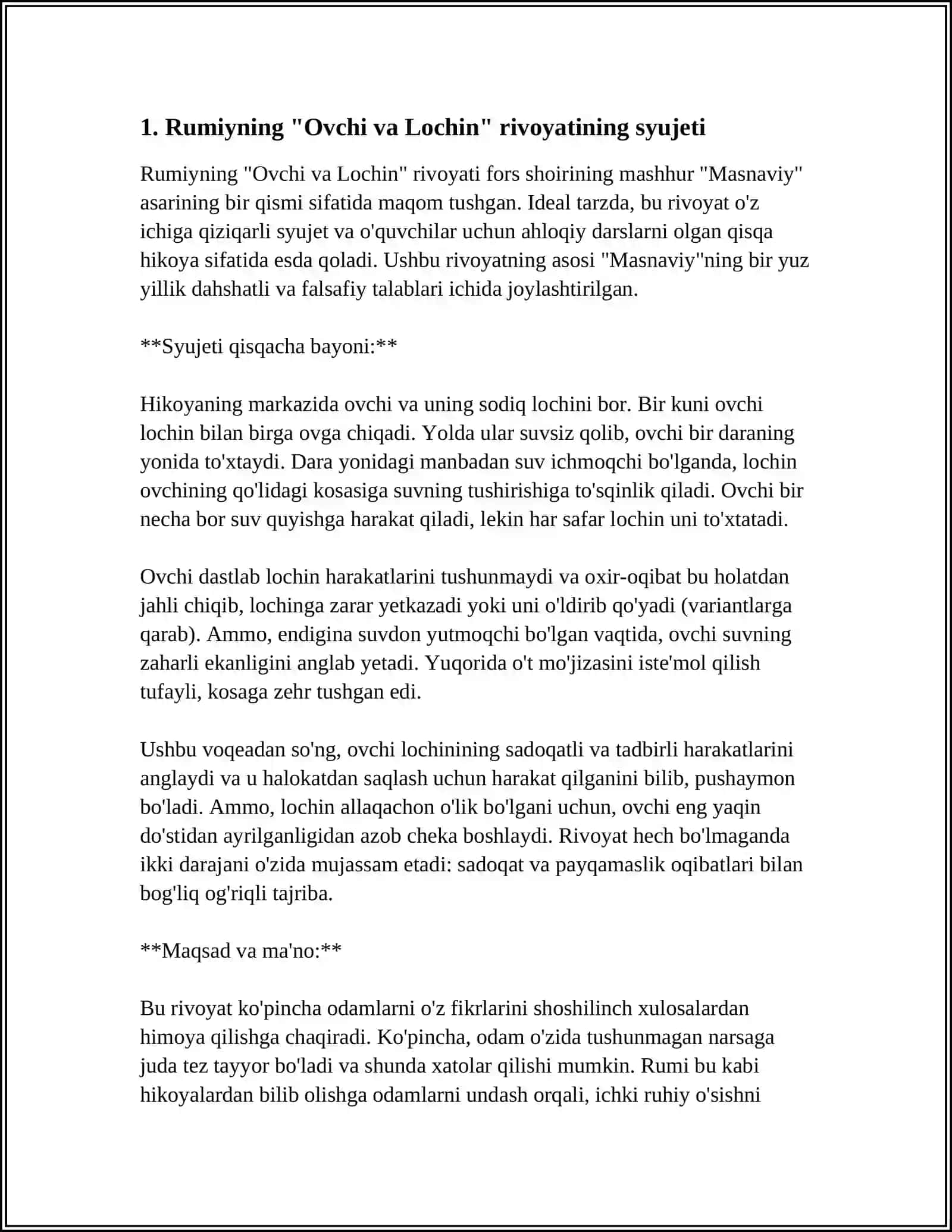 J RUMIYNING "OVCHI VA LOCHIN" RIVOYATINING MOHIYATI VA UNING TARBIYAVIY AHAMIYATINI TAHLIL ETISH 4