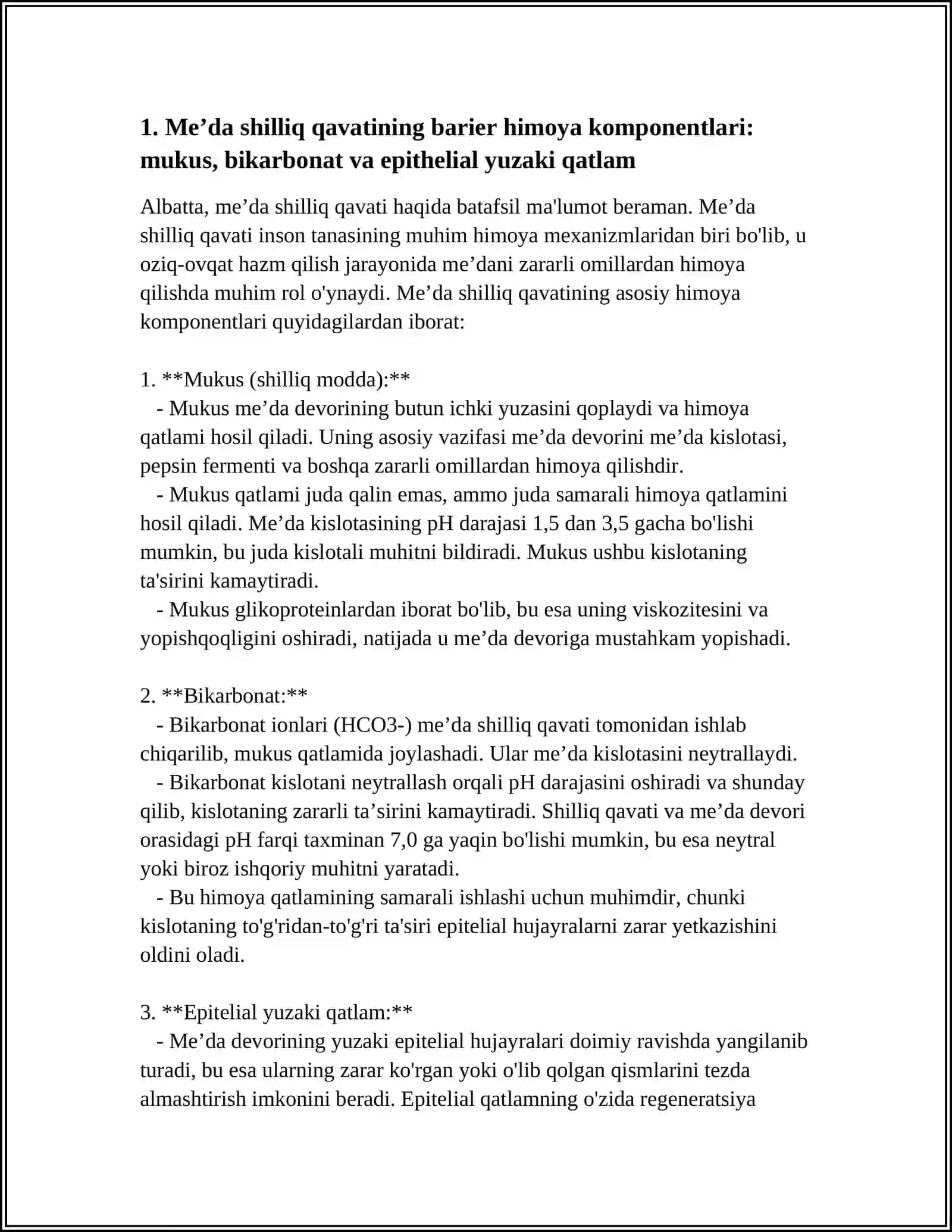 MEʼDANING KOMPENSATOR-ADAPTIV VA REGENERATIV XUSUSIYATLARI. MEʼDA BARER HIMOYA QILISH FUNKSIYASINING HUJAYRAVIY MEXANIZMLARI. ICHAKLARDA OVQAT HAZM BOʻLISHI VA QONGA SOʻRILISHIDAGI JIYAKLI ENTEROTSIT AHAMIYATI 4