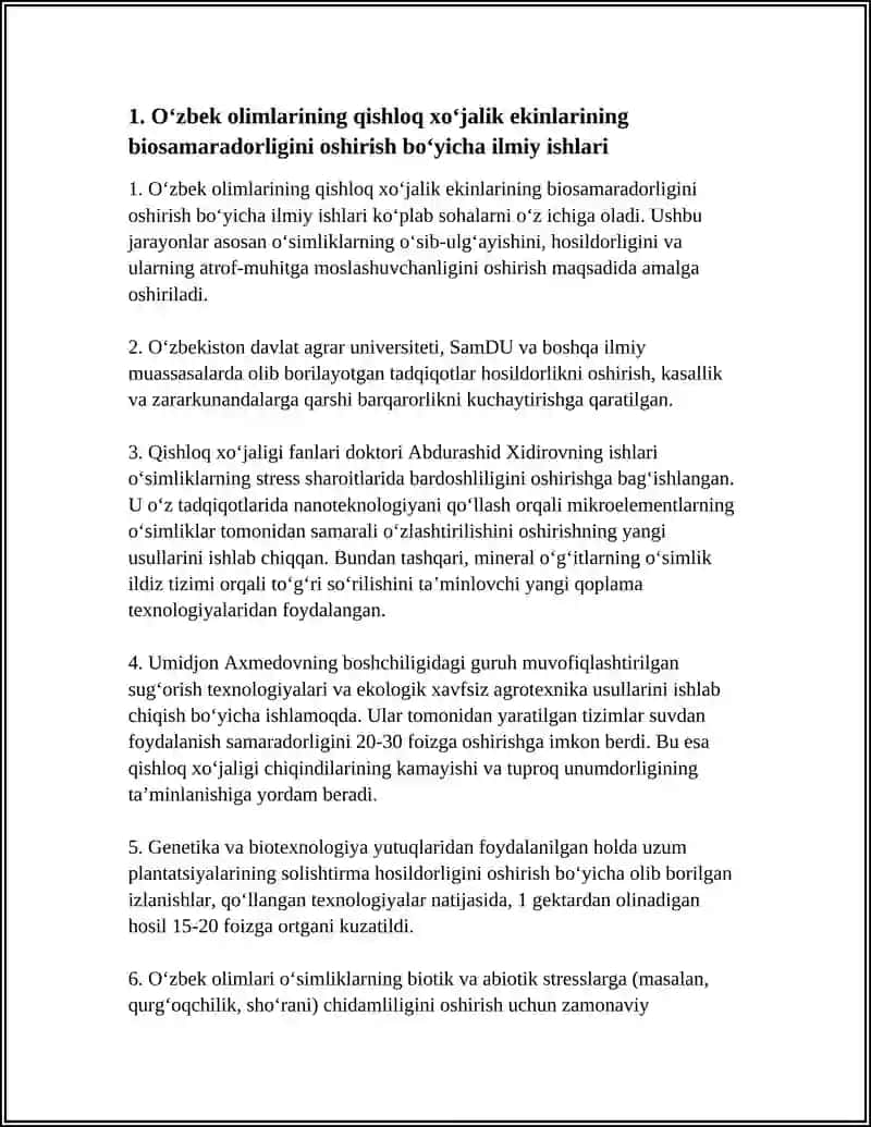 BIOSAMARADORLIK BO‘YICHA ISHLAGAN O‘ZBEK OLIMLARINING ILMIY ISHLARI 4