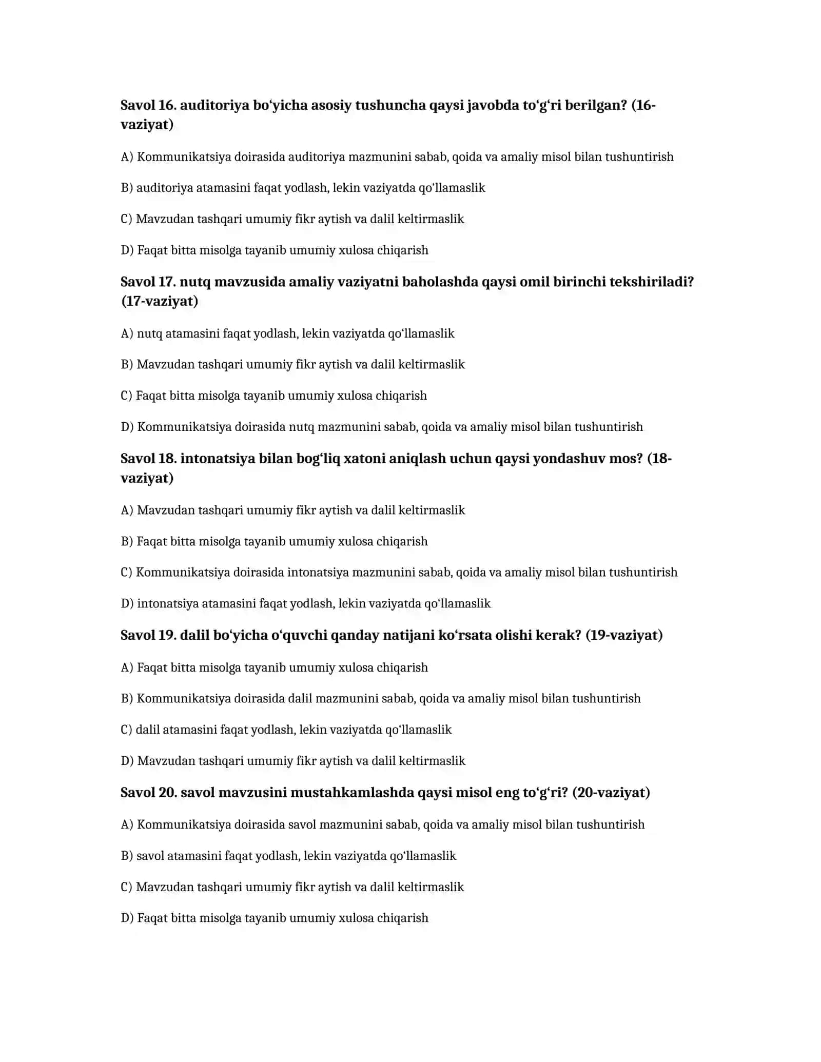 Notiqlik san’ati — 100 test javoblari bilan 4