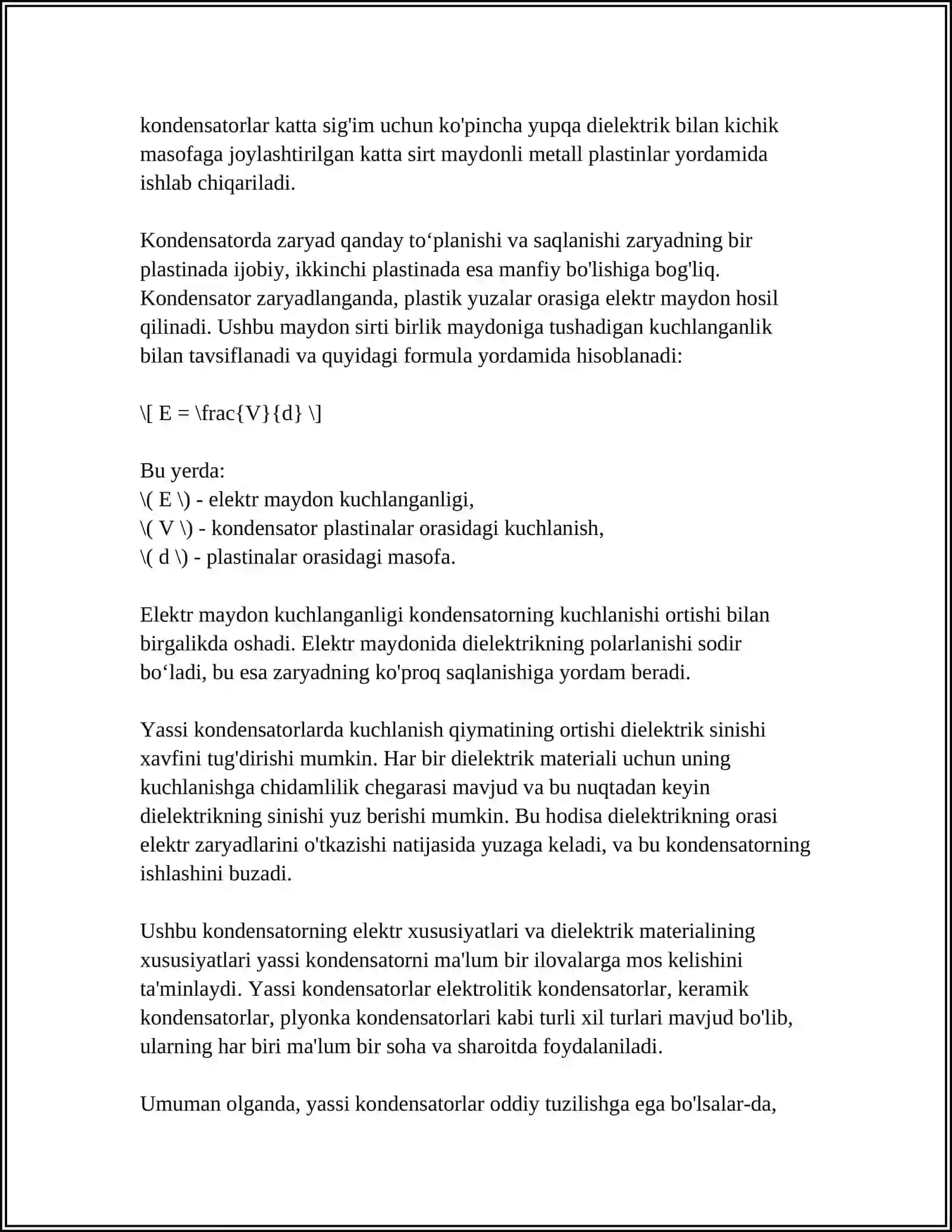 YASSI KONDENSATOR SIG'MI. ELEKTR MAYDONGA JOYLASHTIRILGAN O'TKAZGICH ICHIDA KUCHLANGANLIK 4