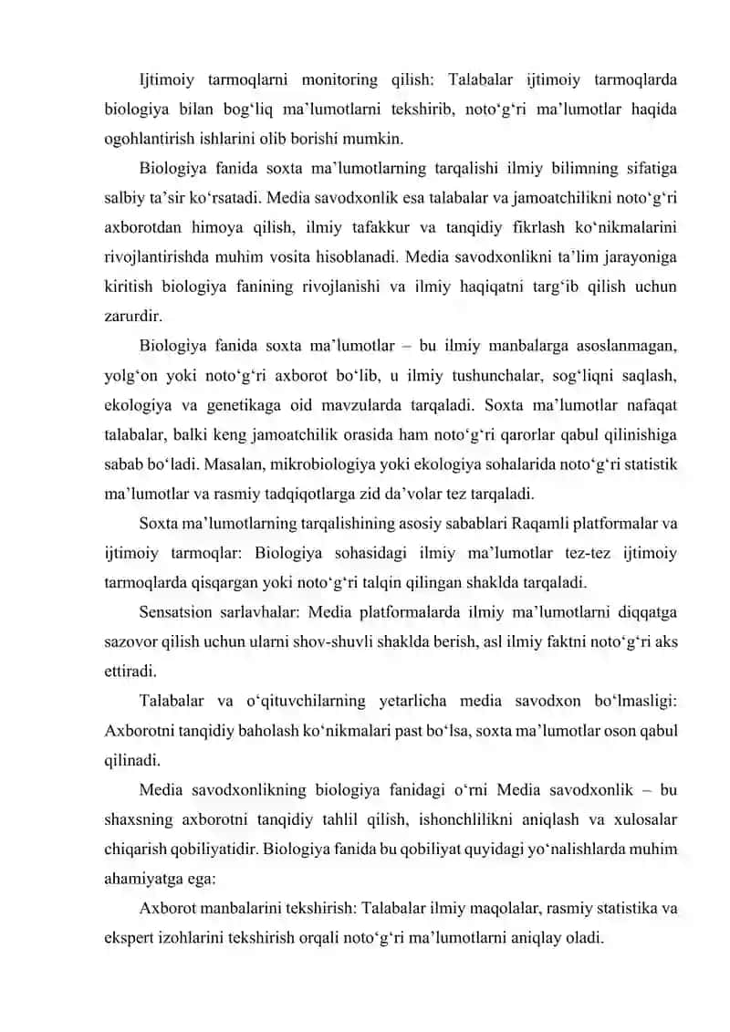 BIOLOGIYA FANIDA SOXTA MA'LUMOTLARNING TARQALISHIGA QARSHI MEDIA SAVODXONLIGINING O‘RNI 4
