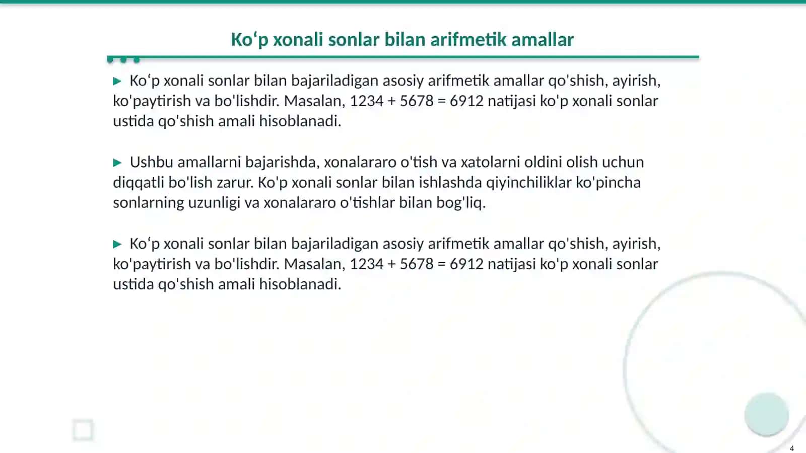 Koʻp xonali sonlar ustida ishlash 4