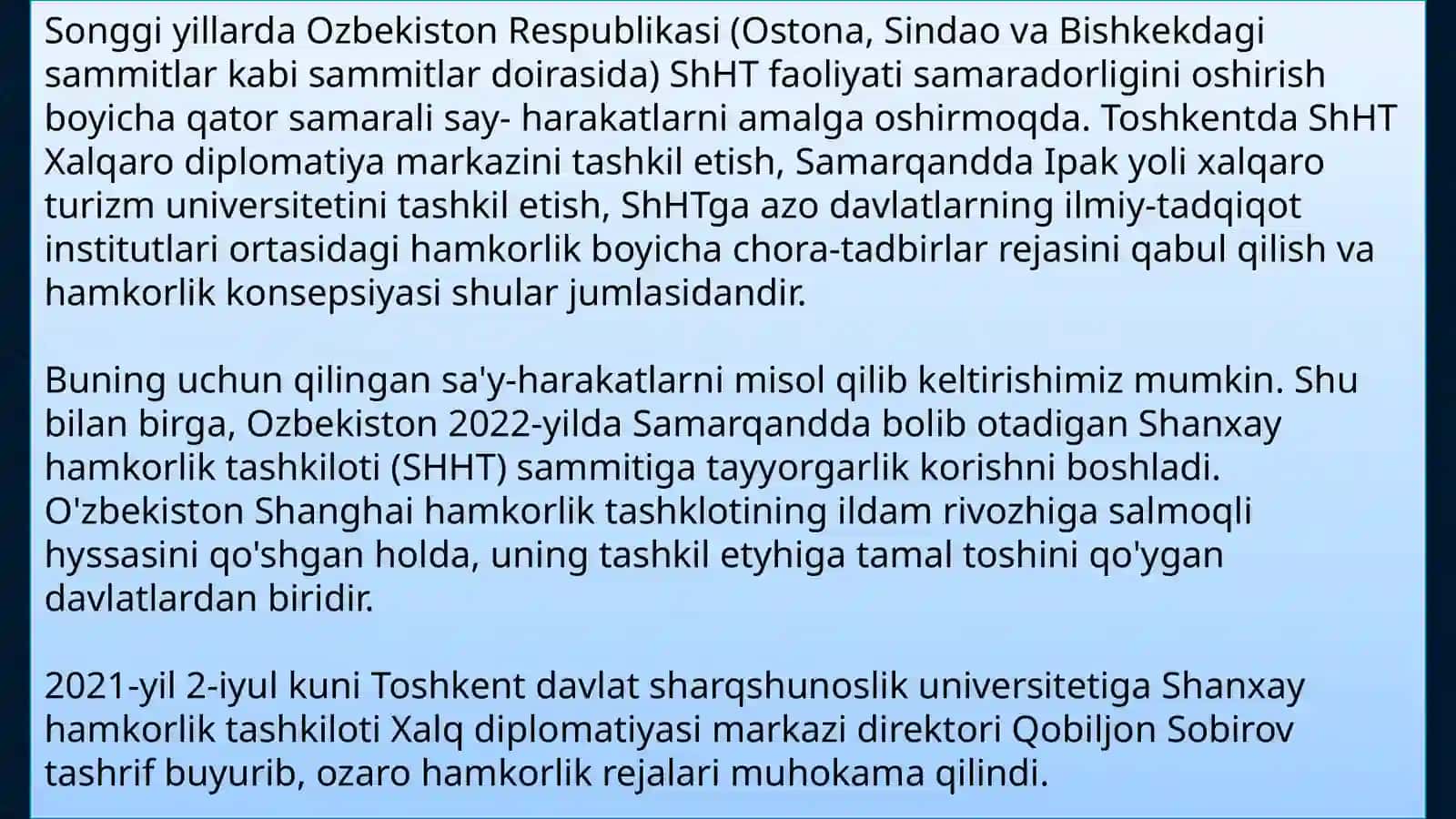 Oʻzbekistonning SHHT bilan hamkorlik munosabatlari 4