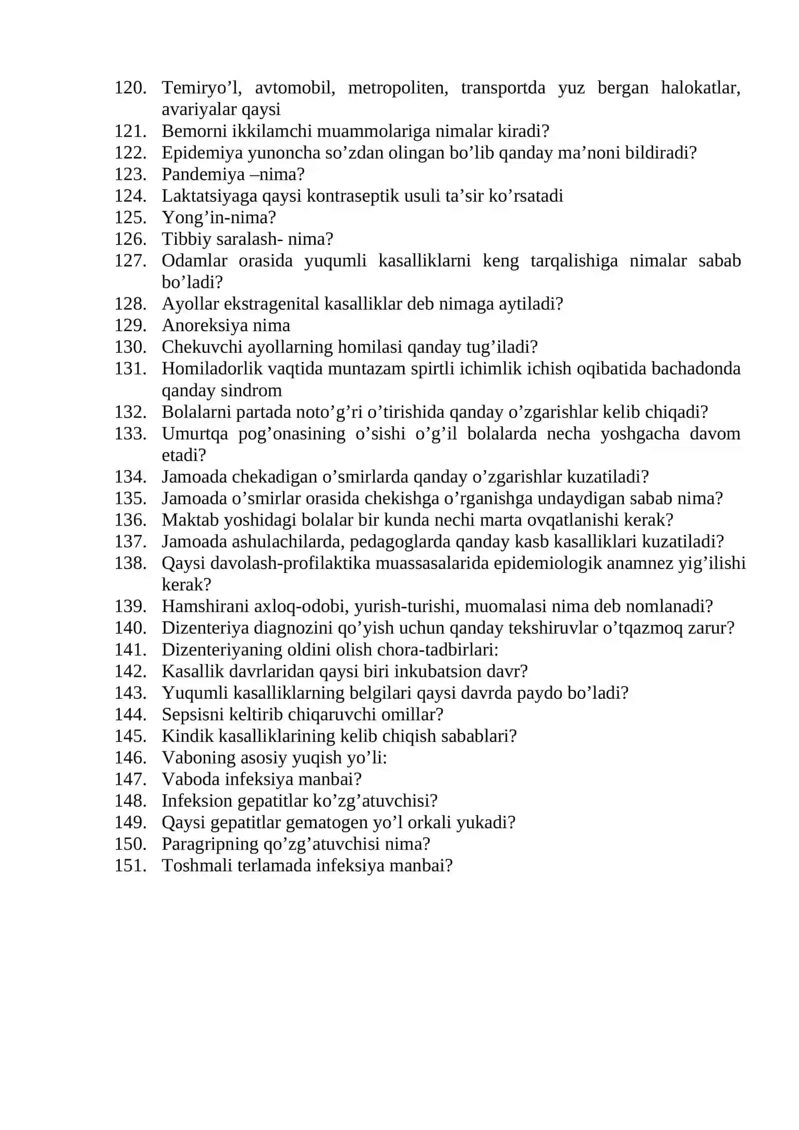 Oliy hamshiralik ishi mutaxassisligi bo’yicha shakllantirilgan og’zaki savollar ro’yxati 4