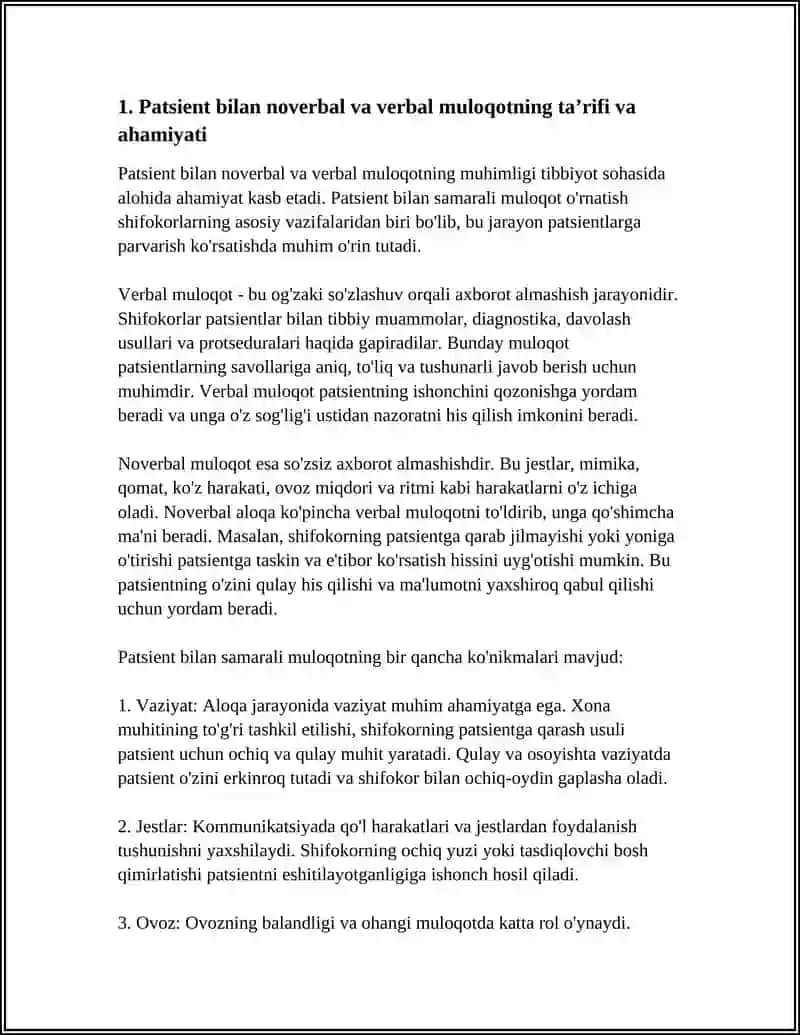 PATSIENT BILAN NOVERBAL, VERBAL MULOQOT, AHAMIYATI, TURLARI ( VAZIYAT, JEST, OVOZ, INTONATSIYA, RITM, MIMIKA) KO'NIKMALARI 4