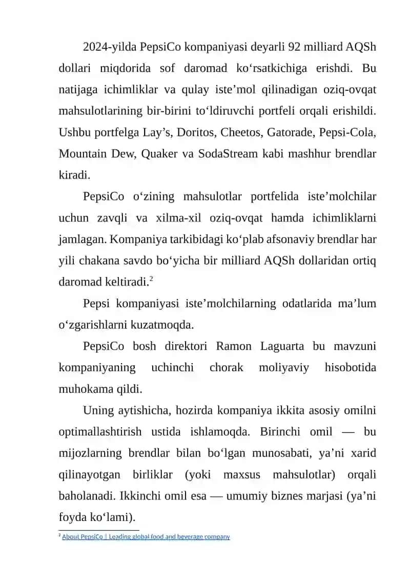 Pepsi kompaniyasining iqtisodiy tahlili 4