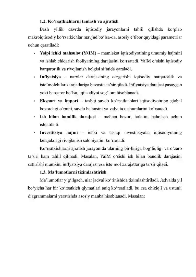 Besh yillik iqtisodiy ko‘rsatkichlar bo‘yicha chiziqli va ustunli diagramma tayyorlash 4