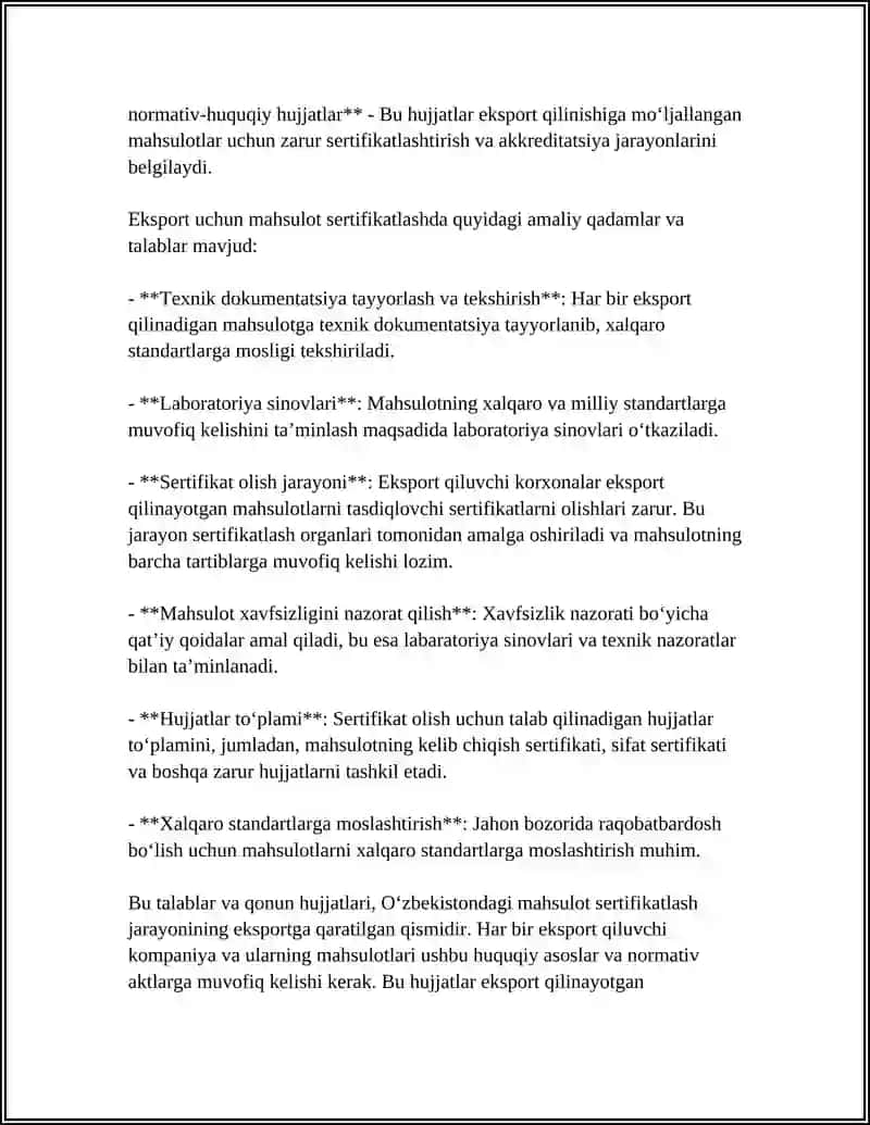 MAHSULOTNI EKSPORT QILISHDAGI SERTIFIKATLASH TALABLARI 4