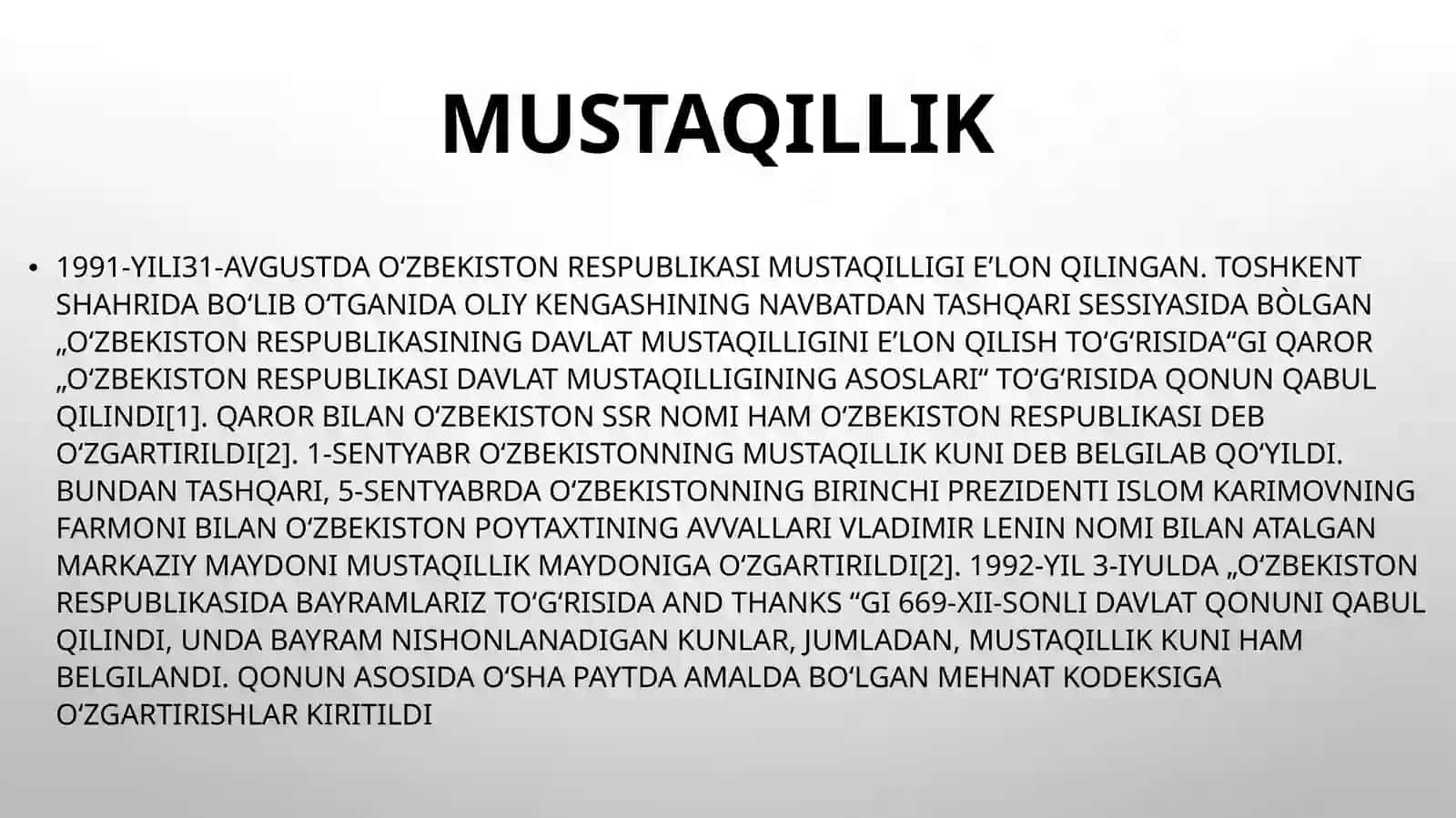 MUSTAQILLIK YILLARIDAN HOZIRGIYANGI O’ZBEKISTONGACHA 4