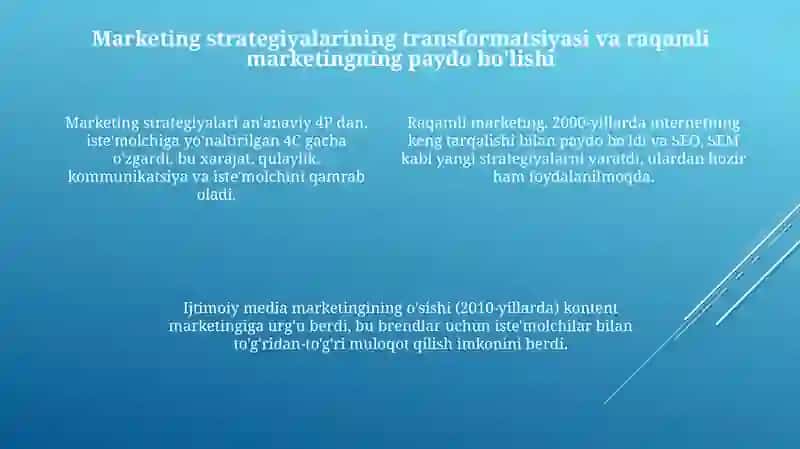 Marketing rivojlanishning asosiy bosqichlari ularning oziga xosligini 4