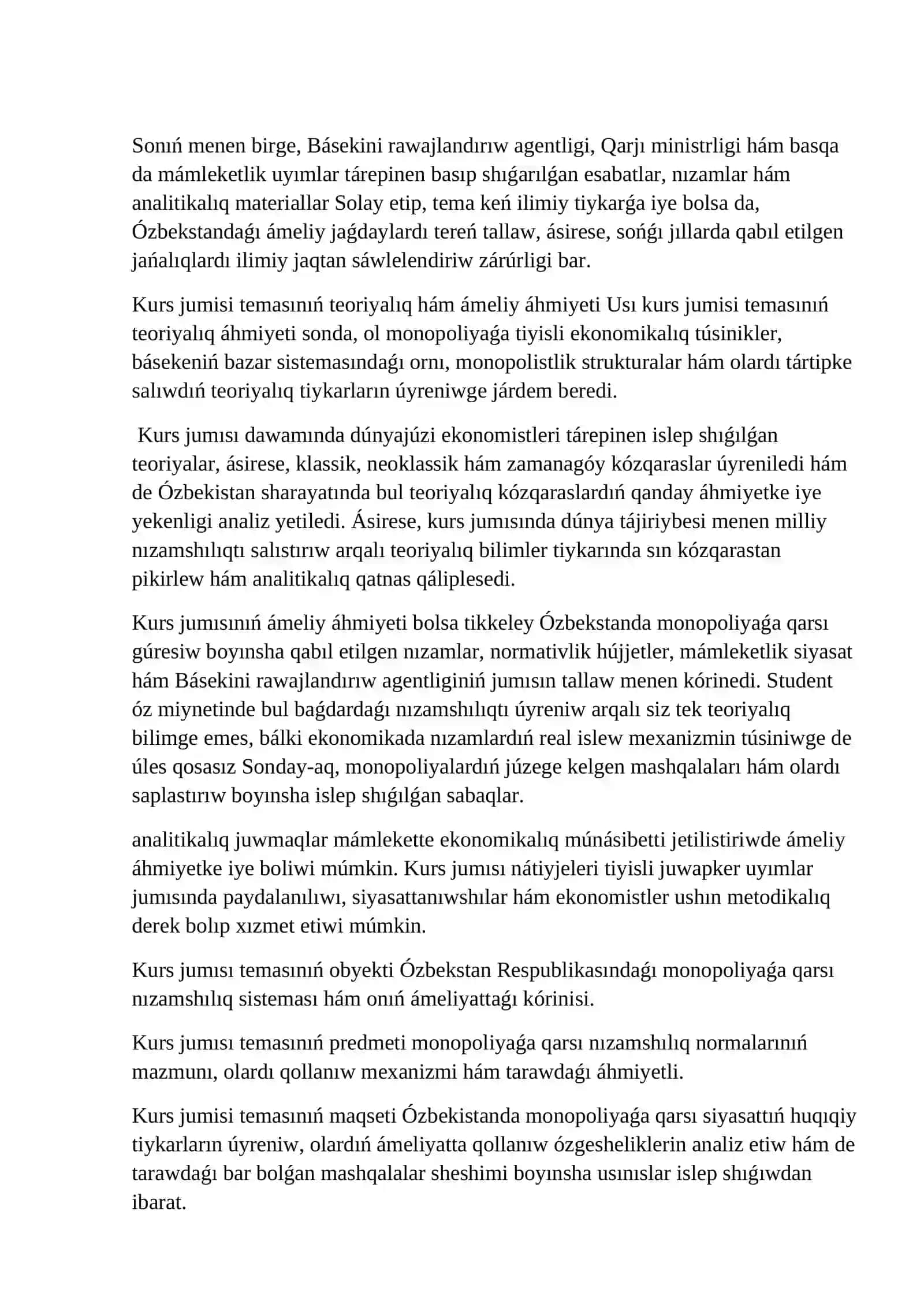 Monopoliyaga qarsi nizamshiliq ham oni Ozbekistanda qollaniwdin strategiyasinin mazmuni ham ahimiyeti 4