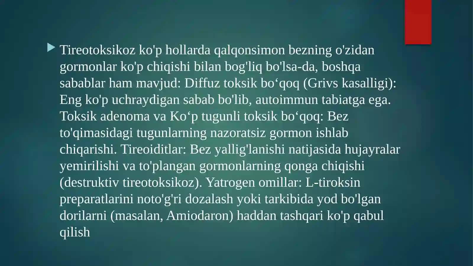 Tireotoksikoz. Etiologiyasi, patogenezi, klinikasi, asoratlari, davolash usullari 4