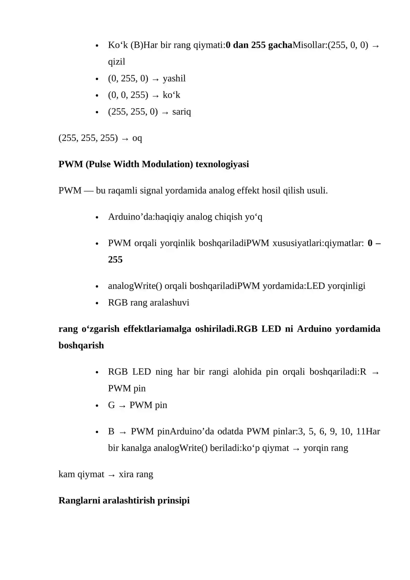 RGB-YORUG'LIK DIODI (LED) VA IMPULS KENGLIGINI MODULYATSIYASI (PWM - PULSE WIDTH MODULATION). RANG MODELLARI VA RGB LED NI ARDUINO YORDAMIDA BOSHQARISH 4