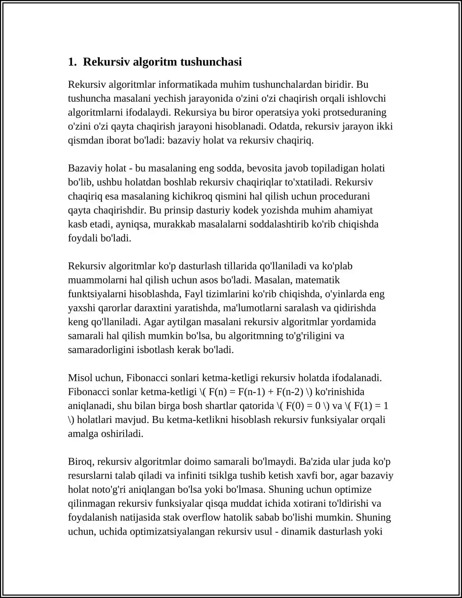 REKURSIV ALGORITMLAR (REKURSIV VA BAZA HOLATLARI) FIBONACHI VA FAKTORIAL SONLAR 4