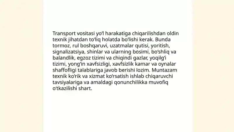 Transport vositalaridan foydalanishda harakat xavfsizligini ta'minlashga qo'yilgan talablar 4