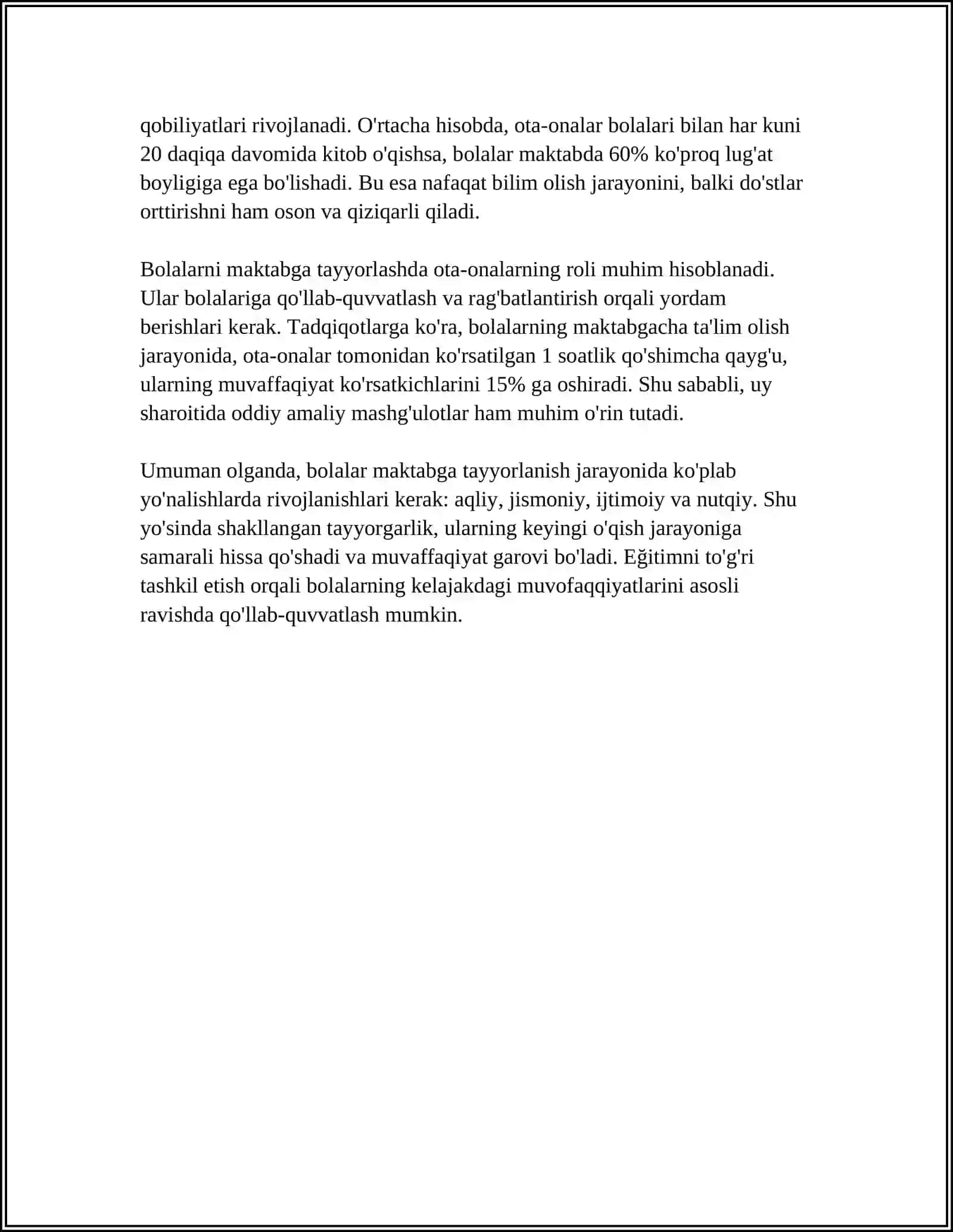 BOLALARNI MAKTABGACHA TAYYORLASHDA MASHG'ULOTNING O'RNI 4