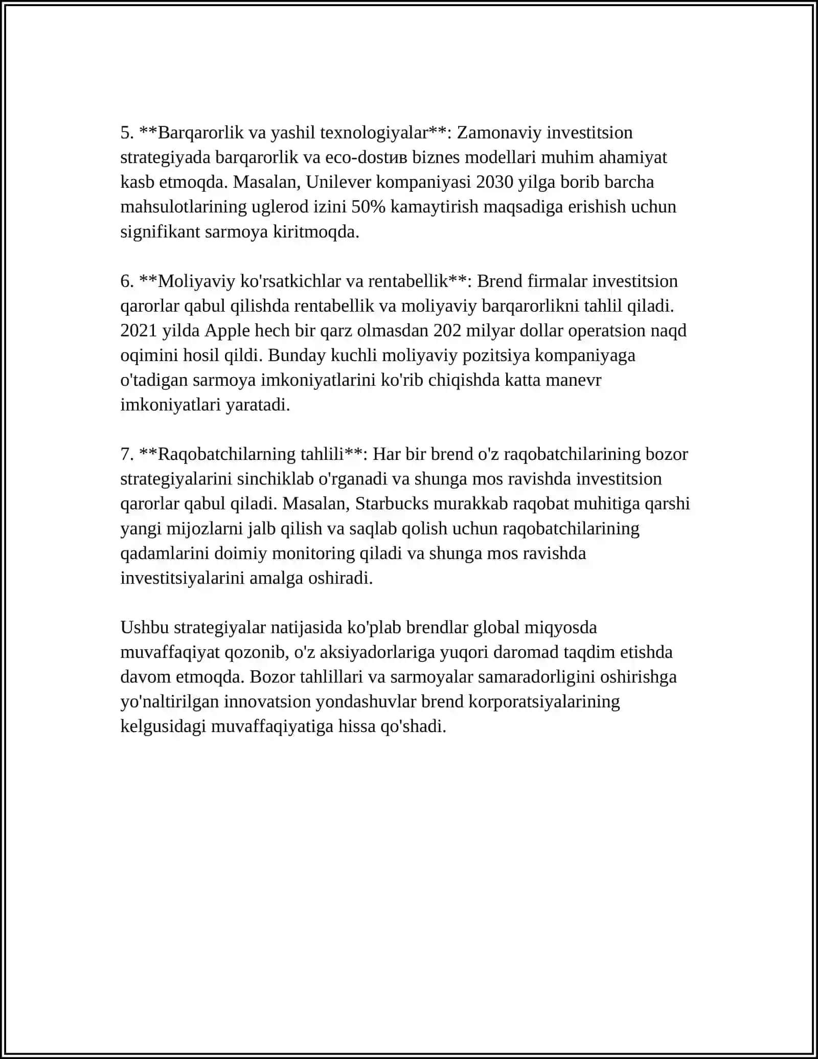 BREND FIRMALARNI MOLIYAVIY IQTISODIY RIVOJLANISH AHVOLI BO'YICHA MUSTAQIL ISH 4