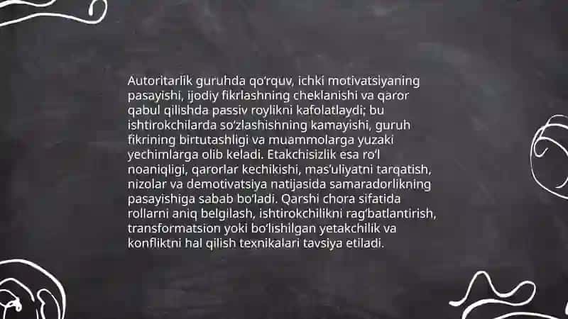 Guruhning samarali faoliyatiga to‘sqinlik qiluvchi omillarning psixologik tahlili 4