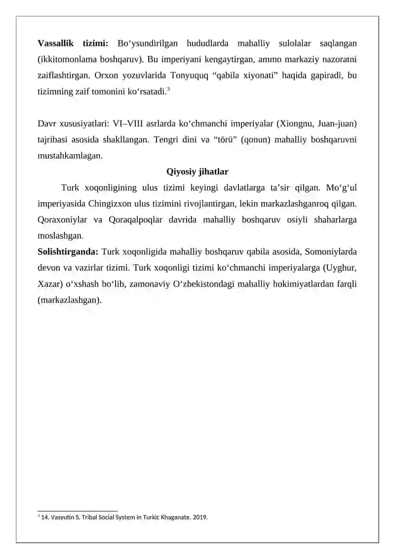 Turk xoqonligida ulus mahalliy boshqaruvi; tuman xokimliklari, qishloq va shahar jamoa 4
