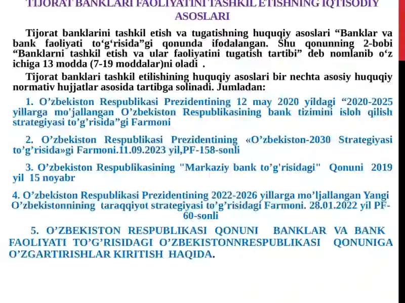 TIJORAT BANKLARI FAOLIYATINI TASHKIL ETISHNING HUQUQIY-IQTISODIY ASOSLARI 4