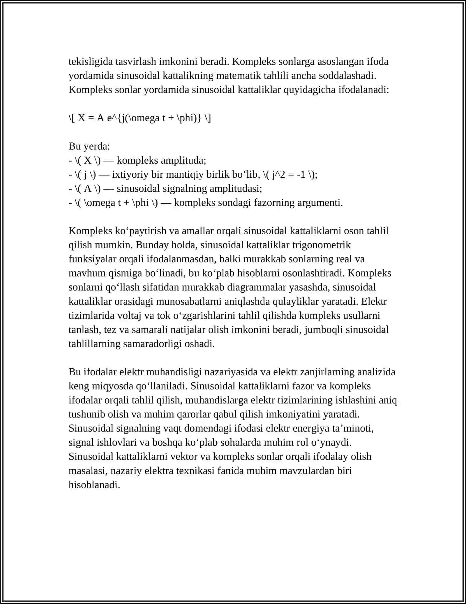 NAZARIY ELEKTRA TEXNIKA FANIDAN: SINUSOIDAL KATTALIKLARNI VEKTOR VA KOPLEKS SONLARI BILAN IFODALASH 4